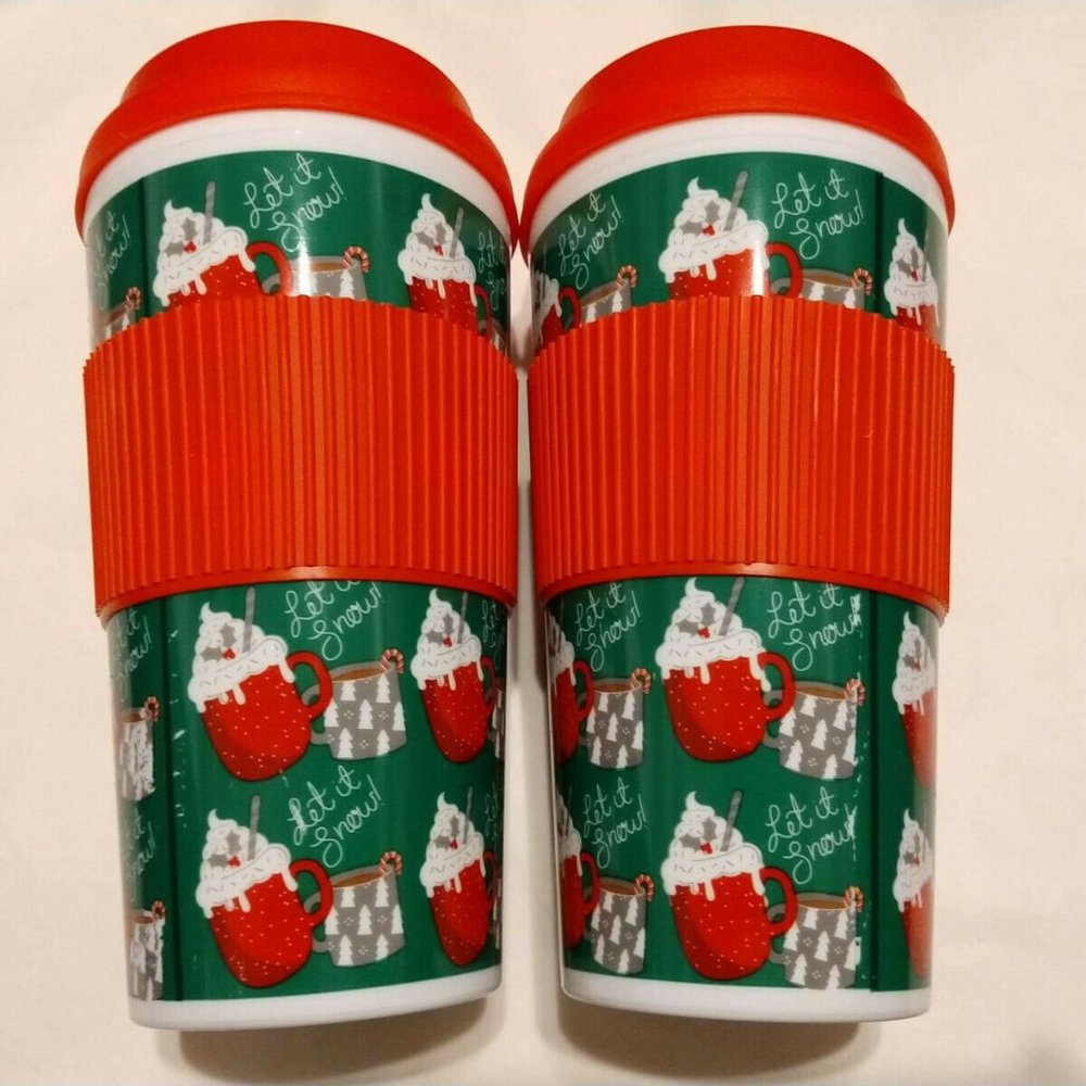 2 pc Let it snow Christmas Holidays Coffee Cocoa Cups Tumbler Plastic Lid Gift